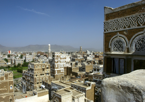Traditional house in the old city featuring stained-glass windows, Amanat Al-Asemah, Sanaa, Yemen