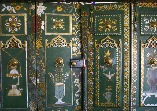 Painted wooden door inside atraditional house, Amanat Al-Asemah, Sanaa, Yemen