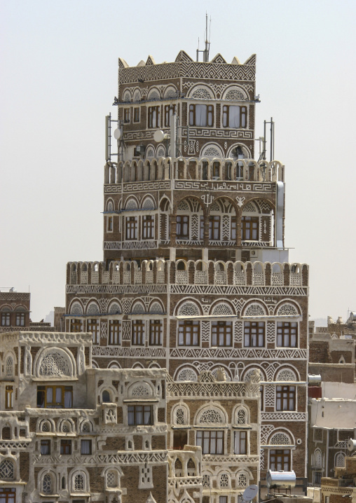 Traditional houses in the old city featuring ornamental facades, Amanat Al-Asemah, Sanaa, Yemen