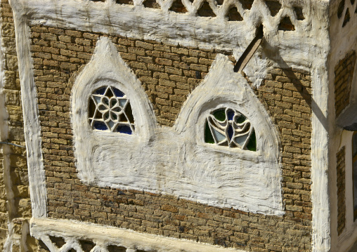 Traditional house in the old city featuring stained-glass windows, Amanat Al-Asemah, Sanaa, Yemen
