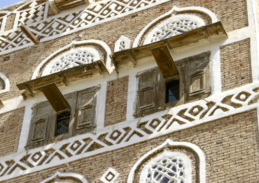 Traditional house in the old city featuring stained-glass windows, Amanat Al-Asemah, Sanaa, Yemen
