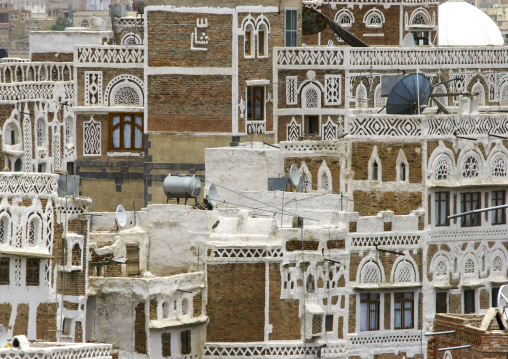 Traditional houses in the old city featuring ornamental facades, Amanat Al-Asemah, Sanaa, Yemen