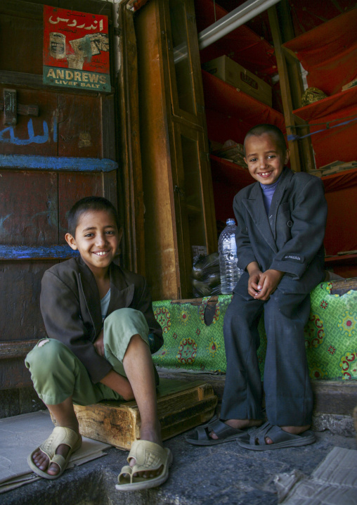 Yemeni boys inside a shop, Amanat Al-Asemah, Sanaa, Yemen