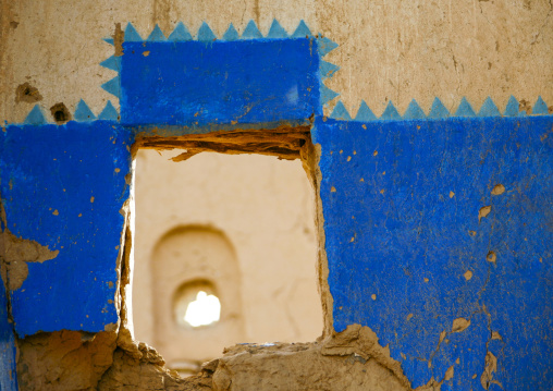 Ruined house with painted window made of mud, Marib Governorate, Marib, Yemen