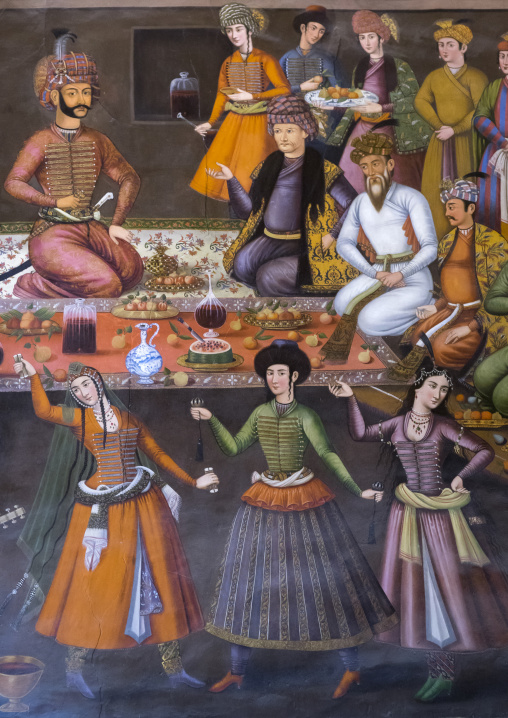 Colorful mural painting in hasht behesht palace
, Isfahan province, Isfahan, Iran