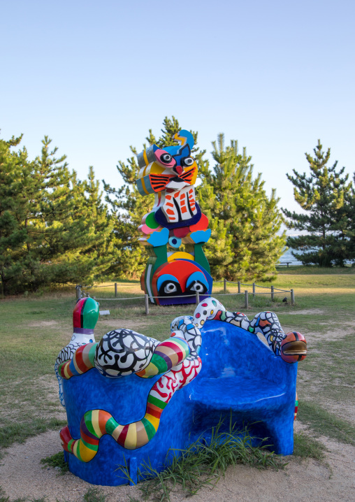 Karel appel and niki de saint phalle sculptures in Benesse house  hotel garden, Seto Inland Sea, Naoshima, Japan