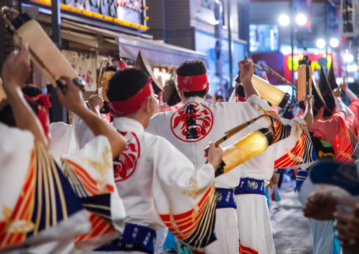 Japanese dancers during the Koenji Awaodori dance summer street festival, Kanto region, Tokyo, Japan