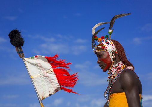 Portrait of rendille warrior wearing traditional headwear, Turkana lake, Loiyangalani, Kenya