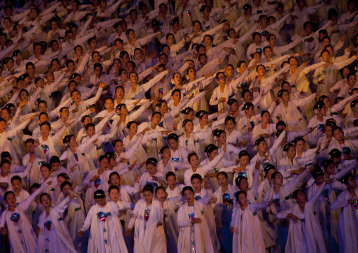North Korean women dancing in choson-ot during the Arirang mass games in may day stadium, Pyongan Province, Pyongyang, North Korea