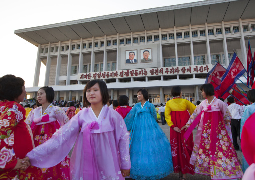 North Korean students during a mass dance performance on september 9 day of the foundation of the republic, Pyongan Province, Pyongyang, North Korea