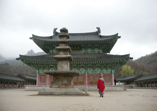 North Korean monk in front of Ryongthong temple founded by Korean chonthae sect of buddhism, Ogwansan, Ryongthong Valley, North Korea